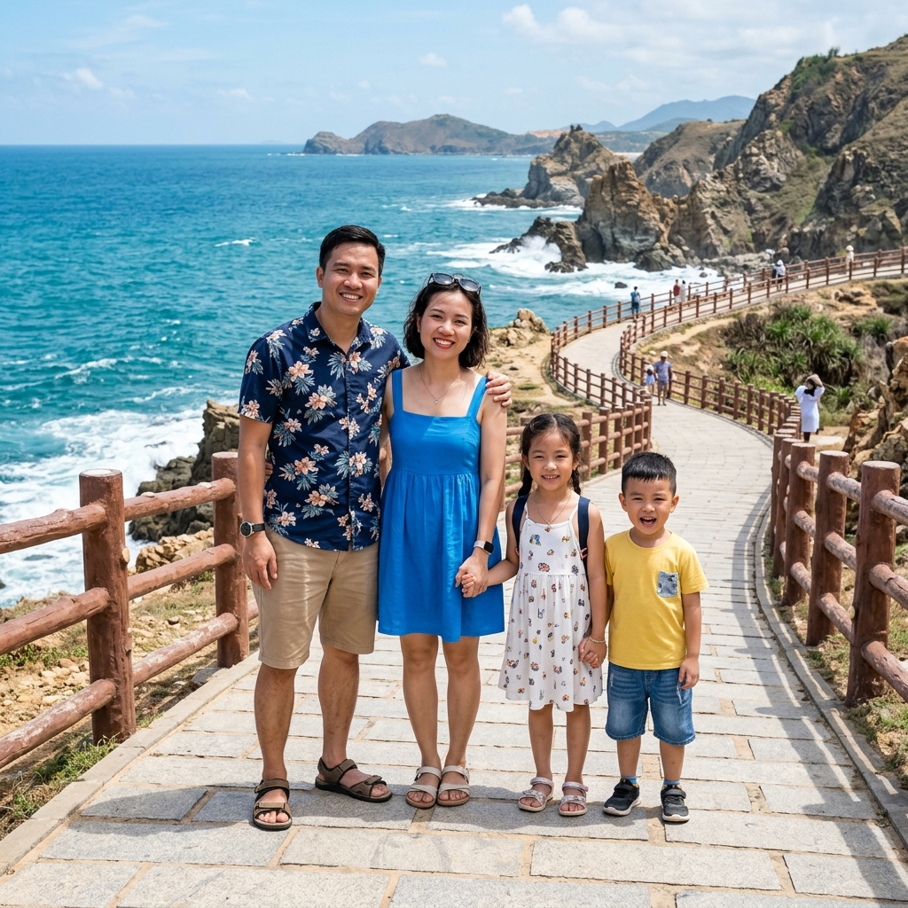 Ảnh chụp thực tế toàn thân gia đình du khách check-in tại Eo Gió Quy Nhơn