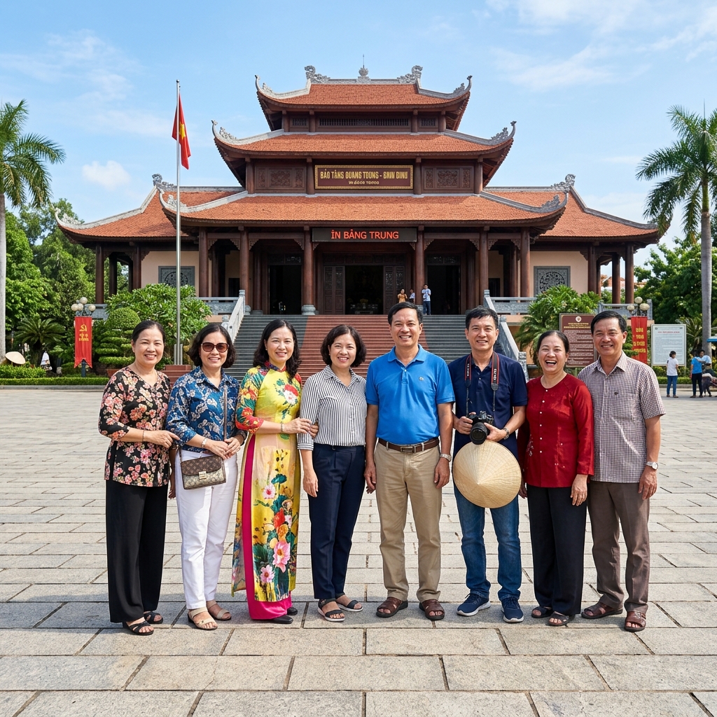 Ảnh chụp thực tế toàn thân đoàn khách tham quan Bảo tàng Quang Trung